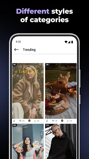 Trending category templates in Instory story maker app showing different styles for social media reels