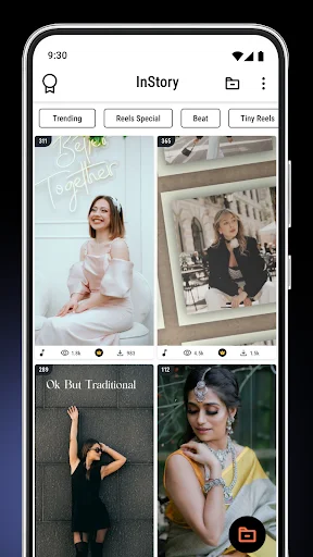 Instory main screen displaying animated story templates with trending, Reels Special, and Bard categories