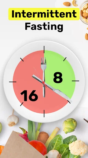 Intermittent fasting tracker app showing 16/8 fasting schedule with clock visualization and healthy food background