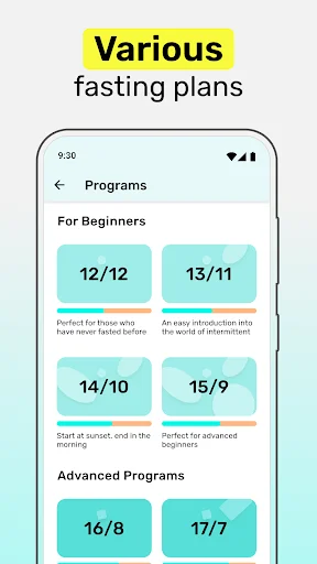 Intermittent fasting programs menu showing beginner and advanced plans: 12/12, 13/11, 14/10, 15/9, 16/8, 17/7