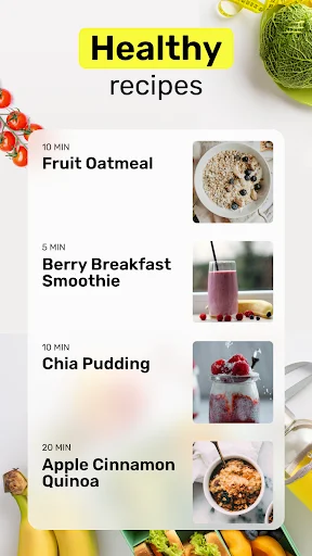 Healthy recipe list with quick meal options: fruit oatmeal, berry smoothie, chia pudding, apple quinoa