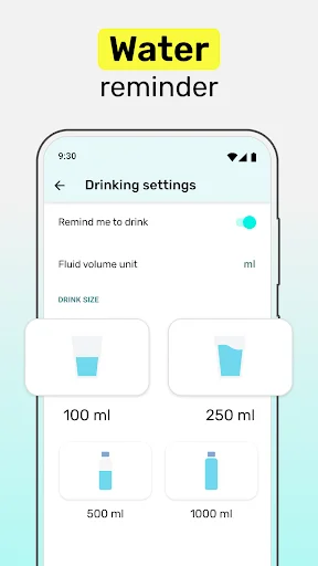 Water reminder settings screen with customizable drink volume options: 100ml, 250ml, 500ml, 1000ml