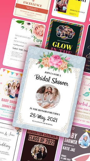 Collage of colorful invitation templates including bridal shower, birthday bash, and glow party card designs with photos and decorative elements