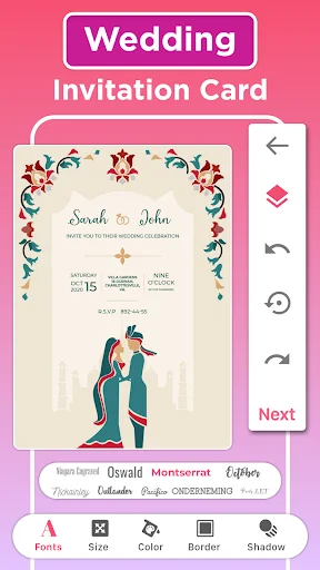 Wedding invitation card editor with elegant couple design, fonts, and customization controls