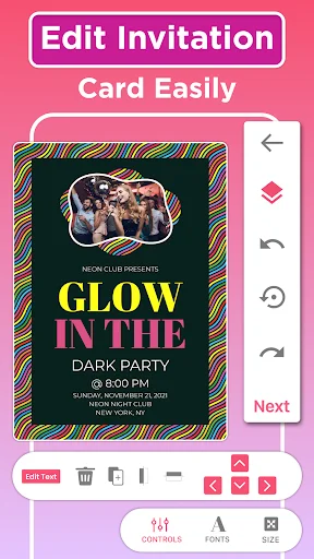 Edit invitation card interface showing glow party template with text editing and formatting toolbar options