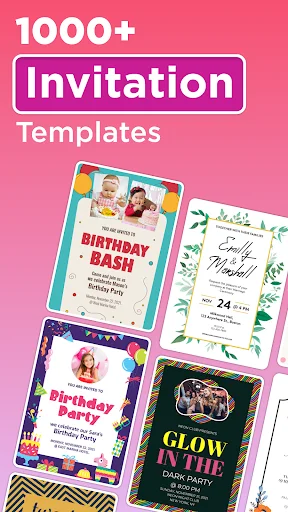 1000+ invitation templates overview showing birthday bash, birthday party, and glow party card designs in pink themed gallery