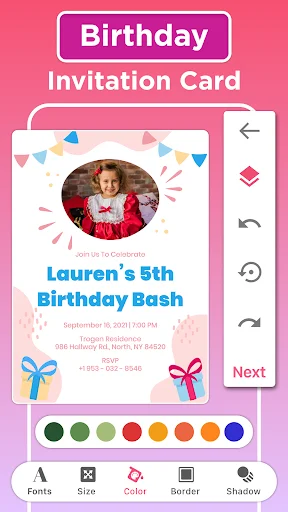 Birthday invitation card editor for 5th birthday bash template with customizable colors, fonts, size, borders and navigation controls