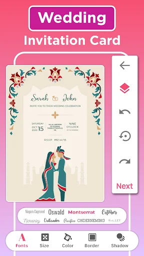 Wedding invitation card editor displaying Sarah & John template with floral ornaments, font selection, and design customization tools