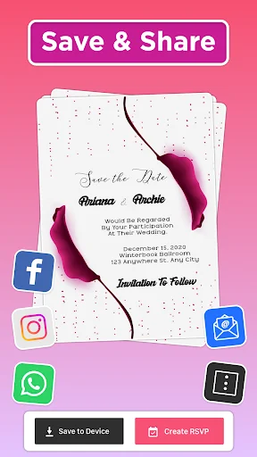 Save and share invitation card interface with social media sharing options (Facebook, Instagram, WhatsApp, Email) and RSVP creation button