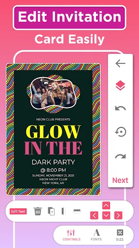 Edit invitation card easily feature showing glow party dark party template with editing toolbar and customization controls for design elements