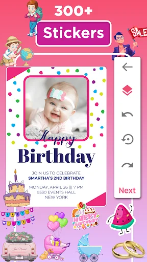 Baby birthday invitation editor with 300+ stickers, photo frame options, and colorful decorative sticker graphics for personalization