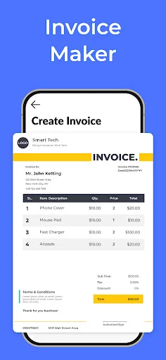 Create invoice form displaying itemized products with prices, quantities, totals, and business information