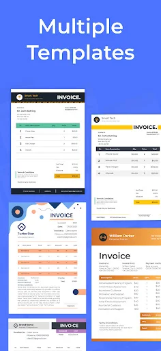 Six professional invoice and receipt template designs with different color schemes and layout options