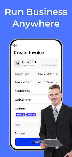 Invoice creation interface with fields for invoice number, date, payment due, customer, and items