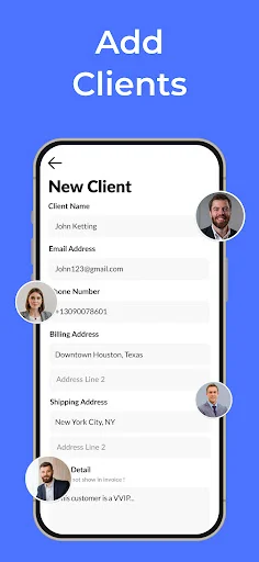 New client form with input fields for client name, email, phone number, billing address, details
