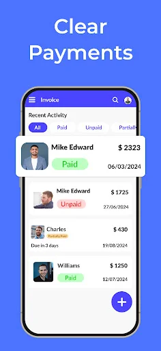 Payment activity tracker displaying client names, invoice amounts, payment status, and dates