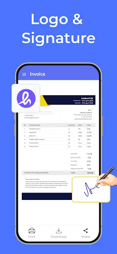 Invoice with business logo display and digital signature feature for document signing on mobile