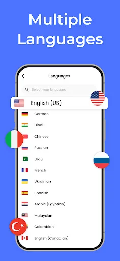Language selection screen offering 13 languages including English, Spanish, German, Hindi, Chinese