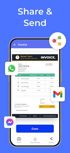 Invoice sharing options menu with WhatsApp, Gmail, Messenger, and email delivery to contacts