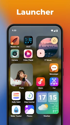Launcher and Themes app home screen showing customized Android launcher with modern widget layout and app icons