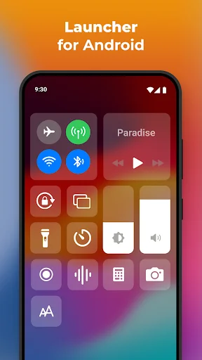 Android control center with quick settings toggles for WiFi, Bluetooth, flashlight, and volume controls