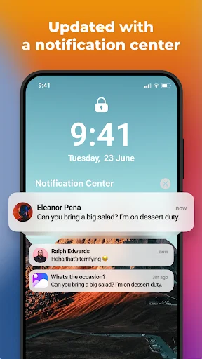Notification center on lock screen displaying time, date, and message notifications with modern theme design