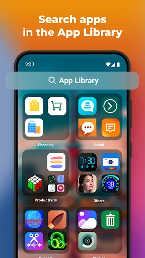 App Library search interface organizing apps into Shopping, Social, Productivity folders on Android launcher
