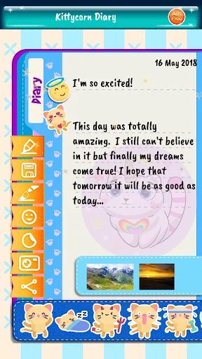 Kittycorn Diary entry page with text, emoticon stickers, and photo gallery for kids journaling