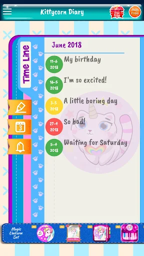 Kittycorn Diary timeline view showing June 2018 entries with colorful date badges and mood tracking