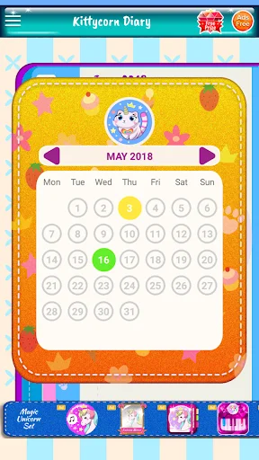 Kittycorn Diary calendar view for May 2018 with highlighted dates and cute unicorn cat character frame