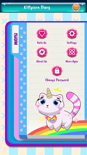 Kittycorn Diary settings menu with rate, about, apps, and password options plus rainbow character