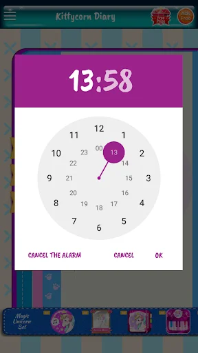 Kittycorn Diary alarm time picker at 13:58 for setting reminders and notifications in kids journal