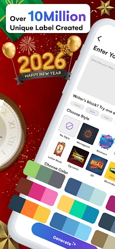 Label Maker design interface with customizable style options, color palette selection, and generate button