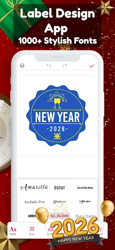 Label design editor with New Year template and access to 1000+ stylish fonts for text customization