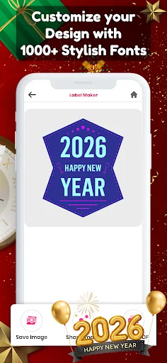 Label design editor with Happy New Year template, 1000+ font styles, and save/share design options