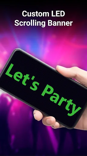 Hand holding smartphone displaying green scrolling text Let's Party on dark background with colorful party lights