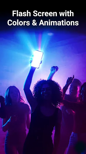 Festival crowd holding smartphone with colorful flashing LED screen animations and light effects during party celebration