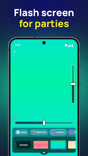 Flash screen interface for parties with cyan display, brightness slider, color presets and animation mode selection options
