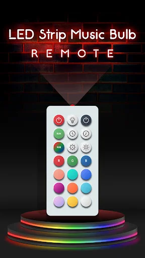 Product image of LED Strip Music Bulb remote control with multiple colored buttons and rainbow LED light strips below