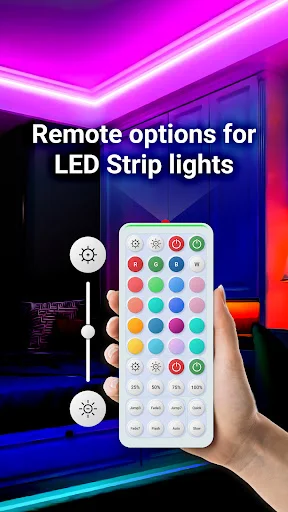 Hand holding LED remote control with colored buttons for strip lights, displaying multiple color options and functions