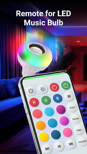 Colorful RGB LED music bulb with remote control showing power, mode buttons and full color palette for LED light customization