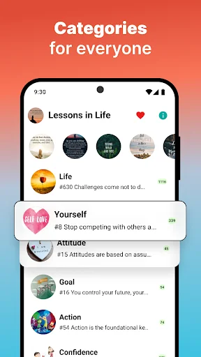 Categories screen in Lessons in Life app displaying Life, Yourself, Attitude, Goal, and Action quote collections