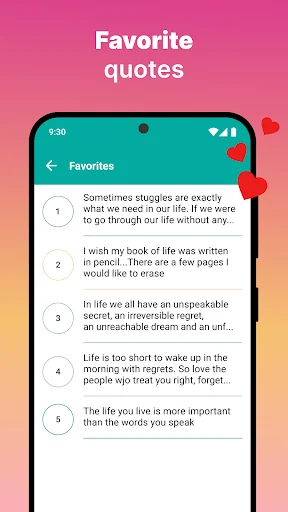 Favorites list view in Lessons in Life Quotes app showing saved motivational quotes numbered 1 through 5