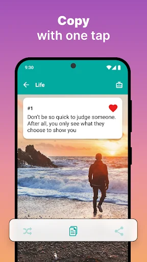 Quote card in Lessons in Life app with beach photo and copy button for easy sharing of life lessons