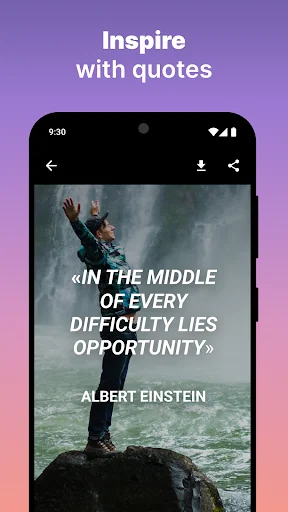 Full-screen Albert Einstein motivational quote display in Lessons in Life app with download and share options