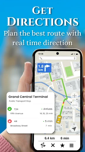 Hand holding phone displaying map with Grand Central Terminal route, showing 6.4 km distance and 6 minute turn-by-turn navigation directions