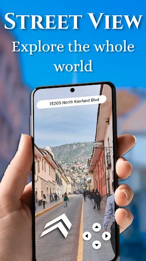 Smartphone showing street view of urban location at North Kierland Boulevard with street-level perspective and navigation controls
