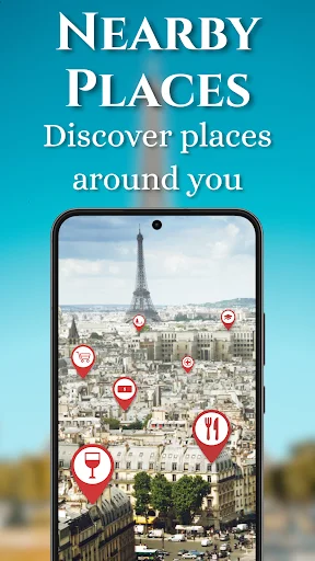 Map displaying nearby location pins and restaurant points of interest scattered across Paris cityscape with Eiffel Tower