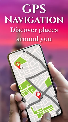 Hand holding smartphone with GPS map showing red location pins on street map with parks and real-time navigation features