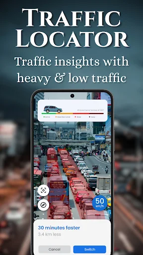 Real-time traffic map showing congested street with vehicles and red traffic overlay indicating heavy traffic with 30 minutes faster route option